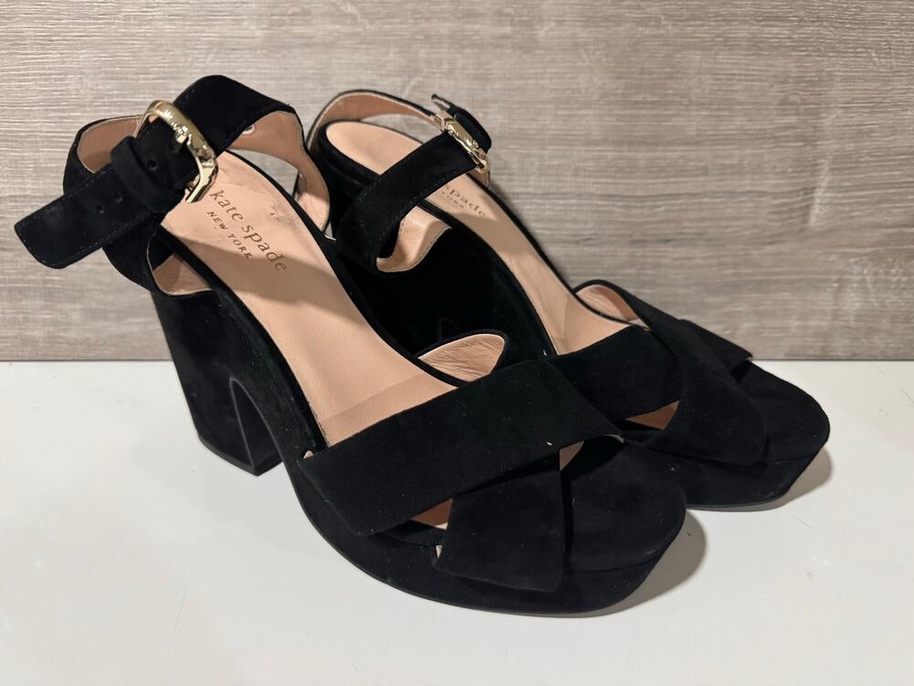 Kate Spade New York Black Suede Platform Sandals Heels Women’s Size 8.5B
